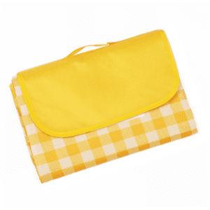 A yellow and white checkered picnic blanket, neatly folded with a matching yellow flap and carry handle.