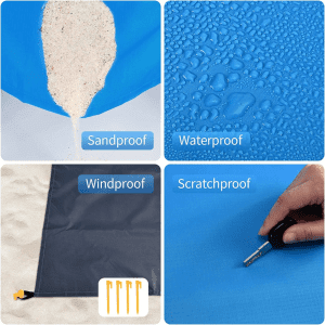 Four panels showcasing features of a blue polyester picnic blanket: sandproof, waterproof, windproof, and scratchproof.
