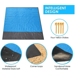 A polyester picnic blanket in pouch, featuring a blue and black design with corner loops and waterproof materials.