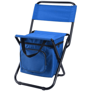 A blue foldable camping chair with a cooler bag attached beneath the seat and a simple black frame.