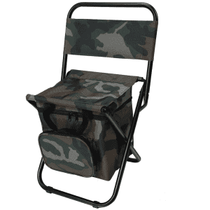 A camouflaged foldable camping chair with a cooler bag underneath and a sturdy black frame. The product includes branding.