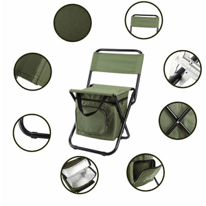 A green foldable camping chair with a cooler bag, featuring a black frame and various close-up details.