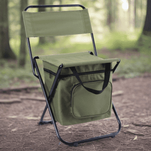 A green foldable camping chair with a cooler bag attached, set on a forest floor. It features a zippered cooler compartment.