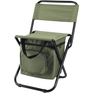 A green foldable camping chair with a built-in cooler bag and a black frame, featuring a zippered front pocket.