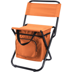 An orange foldable camping chair with a cooler bag attached, featuring a black metal frame and a front pocket.