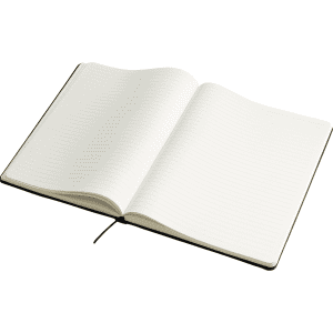 An open A4 hard cover notebook with lined pages and a ribbon bookmark, featuring a black cover.