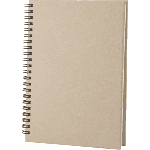 A spiral-bound A5 notebook in a beige cover, featuring a black spiral binding. It has a simple, plain design.