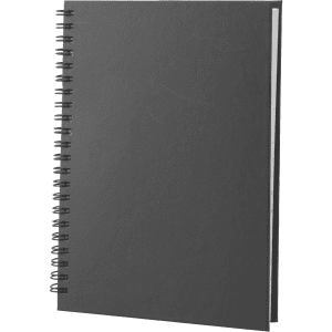 A black A5 spiral-bound notebook with a plain cover and visible spiral binding.