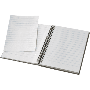 A grey spiral bound notebook with blank lined pages, open to show the inside. It includes loose paper.