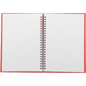 A spiral bound notebook with plain white lined pages and a red cover. It has a logo on the front.