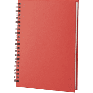 A red A5 spiral bound notebook with a plain cover and a spiral binding.