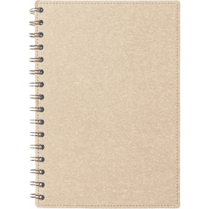 A beige spiral-bound notebook featuring a textured cover and black metal binding.