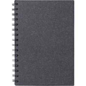 A dark grey spiral-bound notebook with a textured cover and a simple black coil binding.