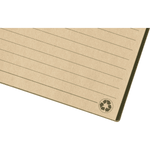 A brown notebook with lined pages and a small recycling logo in the corner.