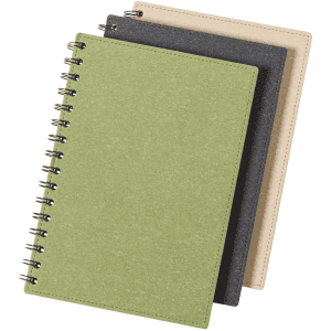 A set of three notebooks in green, grey, and beige with spiral binding and textured covers.
