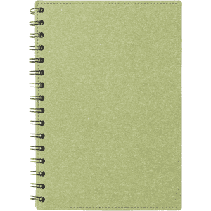 A green spiral-bound notebook with a textured cover and visible binding. It features no printed content.