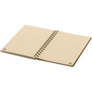A spiral-bound notebook with lined pages and a beige cover, featuring an embossed logo.