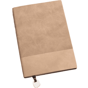 A beige A5 leather notebook with a ribbed texture and a smooth lower section, featuring a logo and a ribbon bookmark.