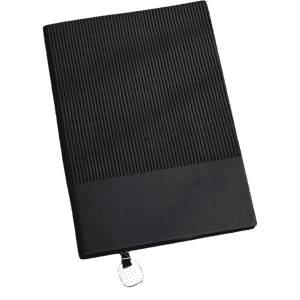 A black A5 leather notebook with a ribbed texture and a small clasp. It features a logo on the cover.