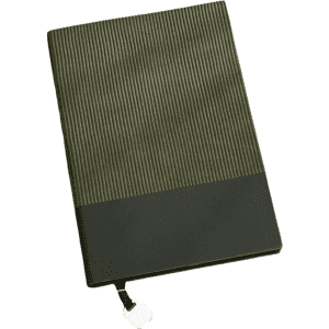 A green Bondi A5 leather notebook with a ribbed texture and a smooth lower section, featuring a zip closure.