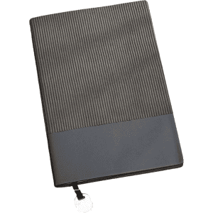 A Bondi A5 leather notebook in grey with a textured cover and a smooth lower section, featuring a logo.