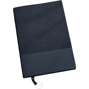 A navy leather notebook with a ribbed texture and a smooth bottom section, featuring an elastic closure.