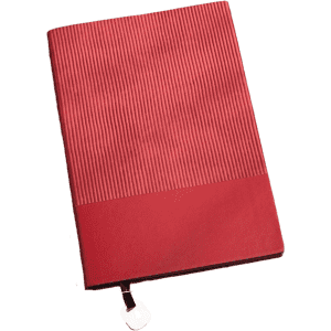 A red A5 leather notebook with a ribbed cover and a smooth lower section, featuring a branded logo.