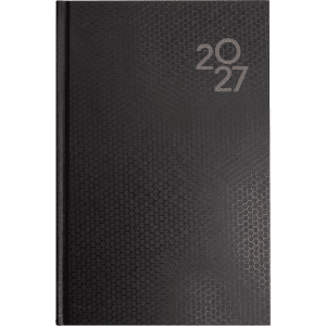 A black A5 diary featuring a textured design and the year "2027" prominently displayed. It includes a logo.
