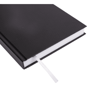 A black A5 diary features a smooth cover and a white ribbon bookmark. It has a sleek, modern design.