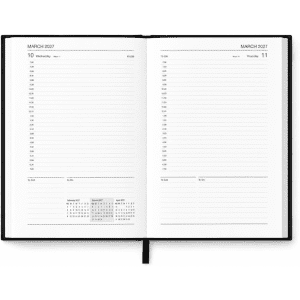 A black A5 diary with white, lined pages and a monthly calendar layout for March 2027.