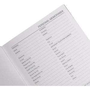An A5 diary with blank personal memoranda pages for notes and contact details, featuring a soft cover.