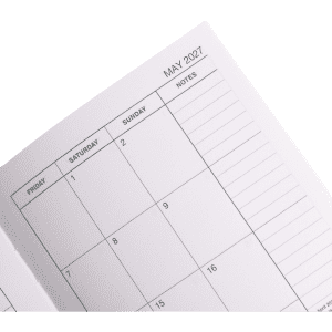 A weekly diary in shades of white and grey, featuring a monthly calendar layout with space for notes.