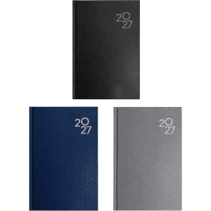 Three A5 diaries in black, navy, and grey, featuring a textured cover and a logo on the front.