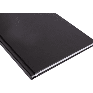 A black A5 weekly diary with a smooth cover and a silver edge, featuring a simple design.