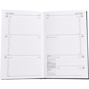 A weekly diary featuring a clean layout with dates, lines for notes, and a calendar section, in a simple design.