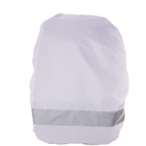 AERO Custom Reflective RPET Backpack Cover in white with a reflective silver band. Includes a logo.