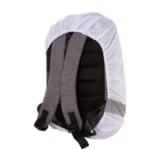 A reflective RPET backpack cover in white and grey, featuring adjustable straps and a fitted design.