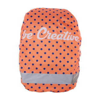 An orange and navy polka-dotted backpack cover with a reflective strip and a logo on the front.