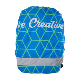 A reflective backpack cover in blue and green with a geometric pattern and a logo.