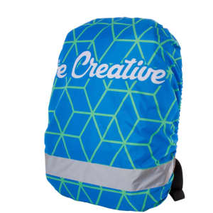 A blue and green geometric-patterned reflective backpack cover with a logo and a grey reflective strip.
