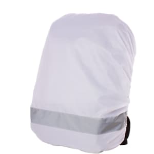 A reflective white backpack cover with a silver strip at the bottom, featuring a logo.