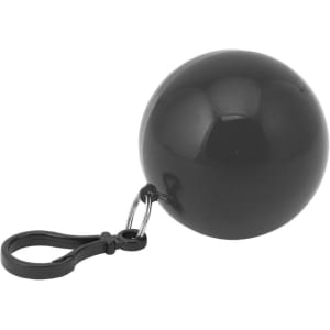 A black ball keyring with a clip attachment, designed for holding a poncho.
