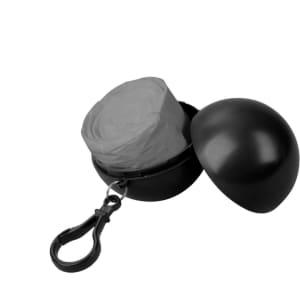 A black keyring with a rounded casing, containing a grey poncho neatly rolled inside.