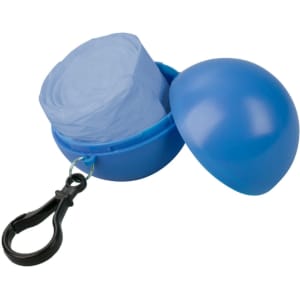 A blue keyring case containing a rolled blue poncho, secured with a black clip.