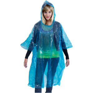 A blue transparent poncho with a hood, worn by a woman, featuring a loose, flowing design.