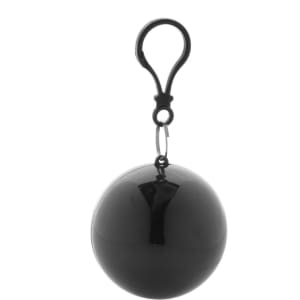 A black ball keyring with a clip, designed to hold a compact poncho inside.