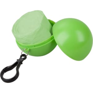 A green poncho rolled inside a round, green case with a clip for easy attachment. It features a branding logo.