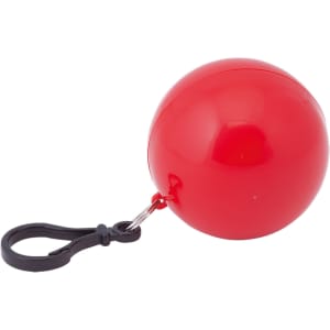 A red ball keyring with a black clip, designed to hold a poncho inside.