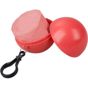 A red ball keyring containing a folded pink poncho, with a clip for attachment.