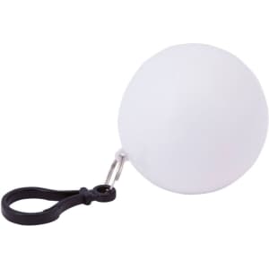 A white ball-shaped keyring with a black clip attachment. The product features a logo.